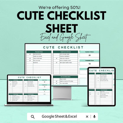 Cute Checklist Sheet | Excel and Google Sheets | Daily Task Planner | Fun & Adorable Checklist Template | Organize Your Day |