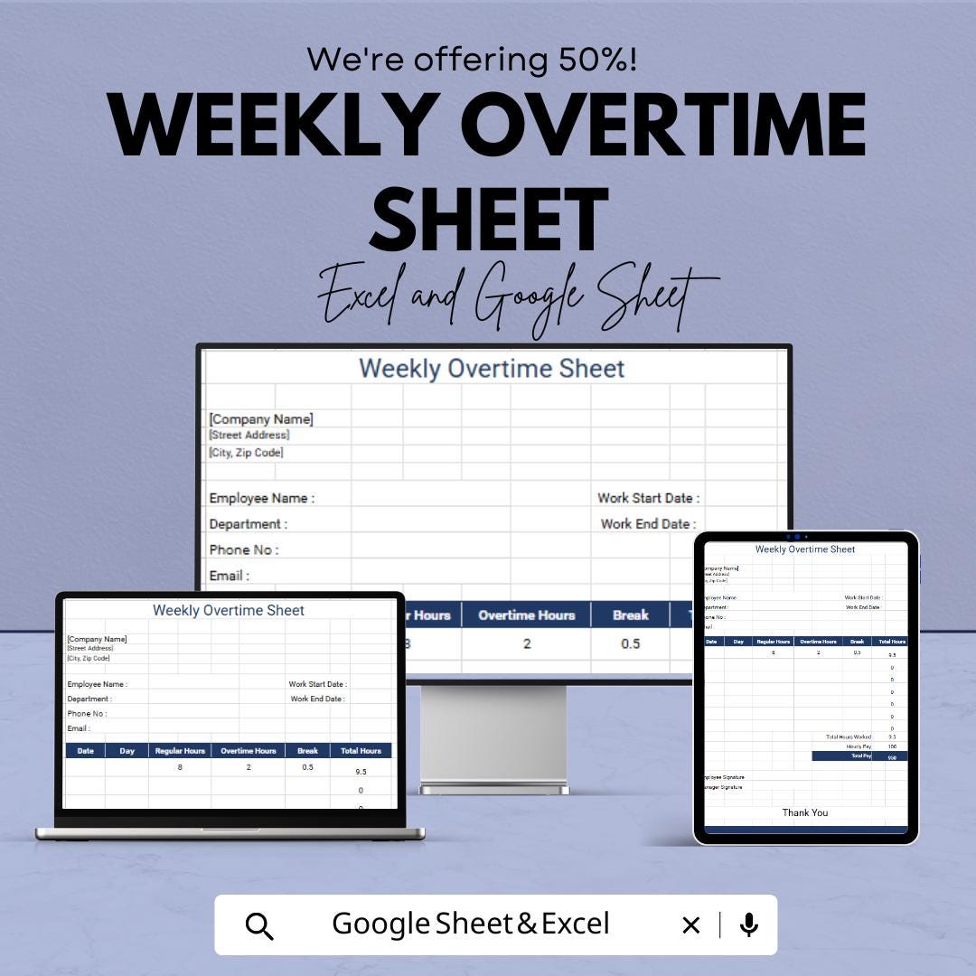 Weekly Overtime Sheet Template – Excel and Google Sheets, 50% OFF – Track Regular & Overtime Hours, Breaks, Time Management, Payroll Tool