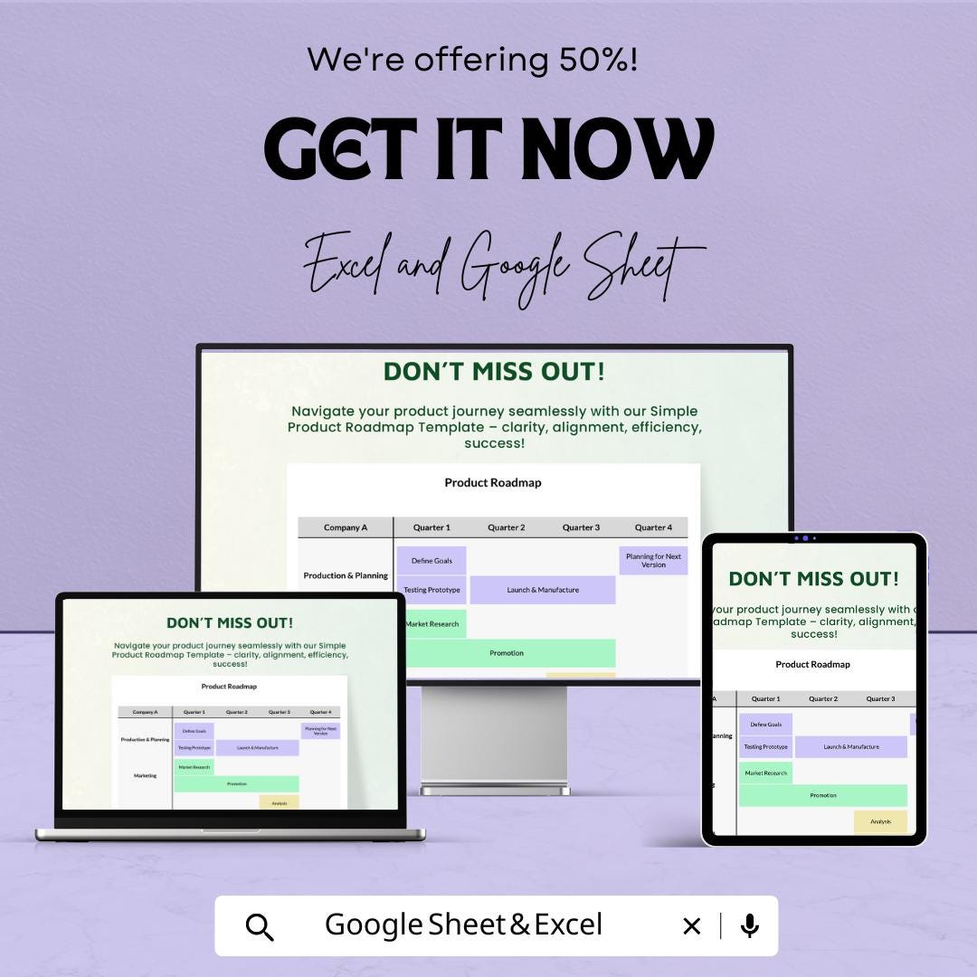 Simple Product Roadmap Sheet | Excel & Google Sheet Template | Product Development Plan | Editable Roadmap | Timeline for Teams |