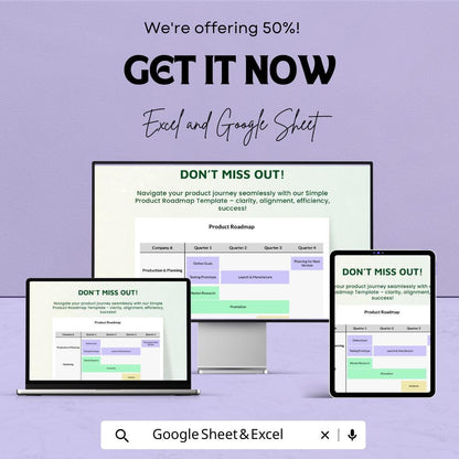 Simple Product Roadmap Sheet | Excel & Google Sheet Template | Product Development Plan | Editable Roadmap | Timeline for Teams |