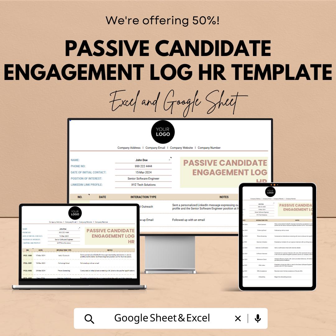 Passive Candidate Engagement Log HR Template | Recruitment Tracker Spreadsheet | Talent Pipeline CRM | Excel & Google Sheets Hiring Log