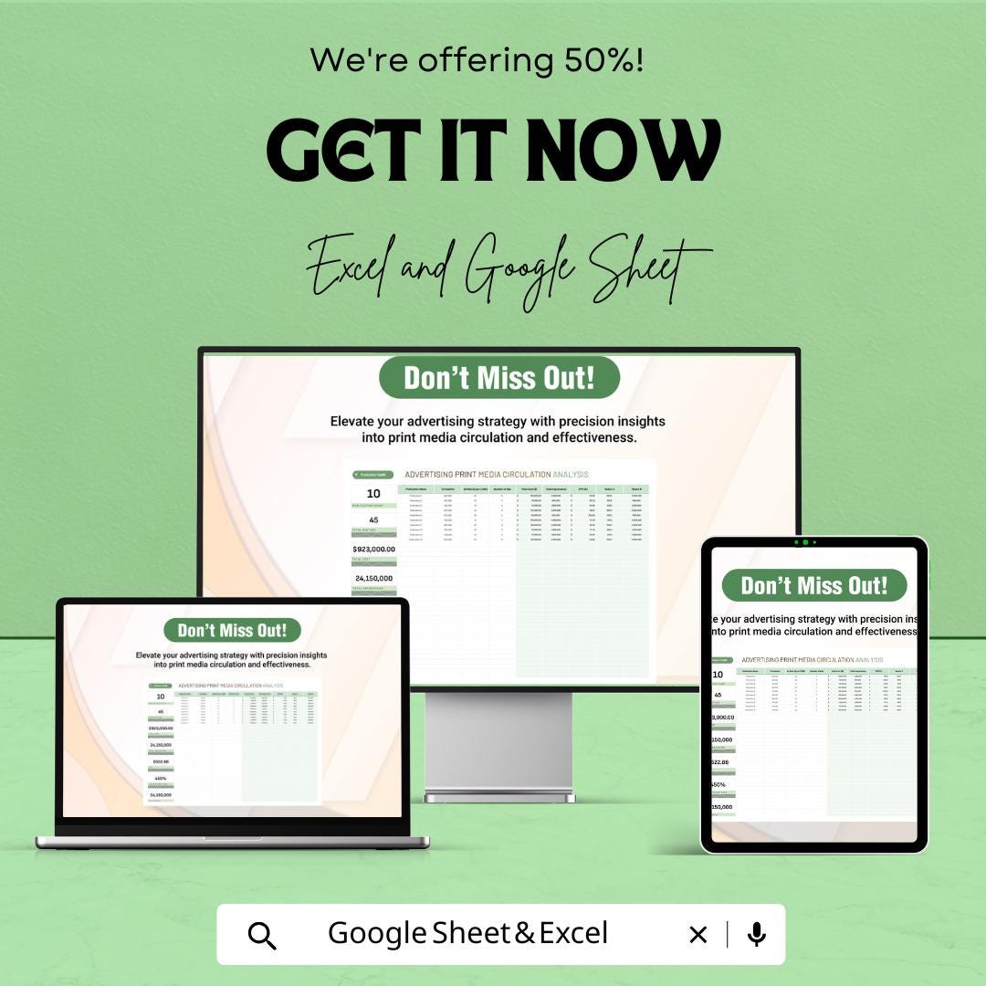 Advertising Print Media Circulation Analysis Tool | Excel & Google Sheets Template | Ad Spend Tracker | Marketing Analytics Spreadsheet