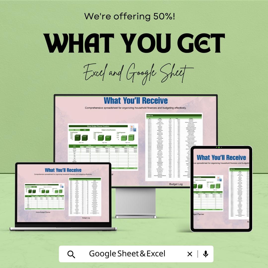Home Budget Planner Template | Monthly Expense Tracker | Personal Finance Spreadsheet | Excel and Google Sheets Budget Organizer
