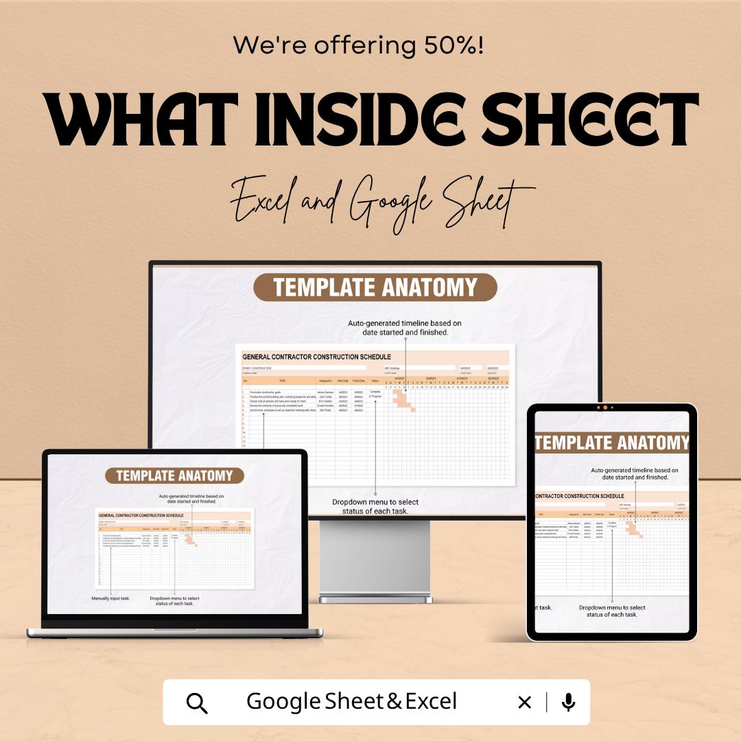General Contractor Construction Schedule Template | Project Timeline Planner | Gantt Chart Tracker