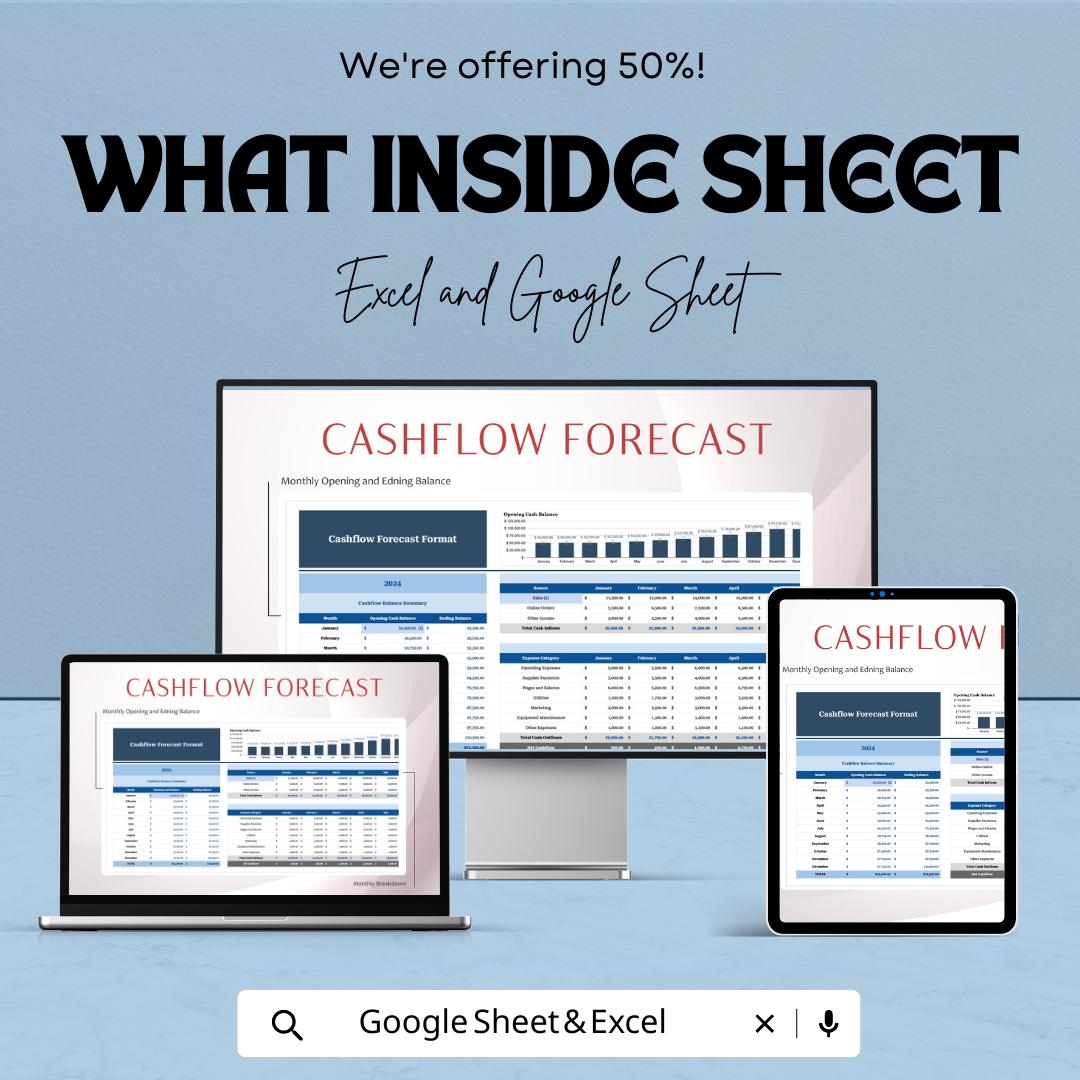 Cashflow Forecast Template Excel & Google Sheets | Monthly Cash Flow Planner | Business Budget Spreadsheet | Financial Planning Template