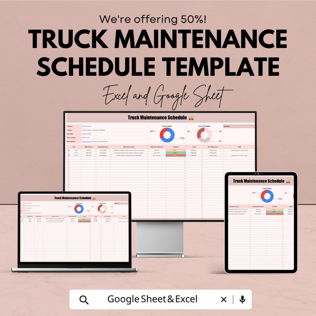 Truck Maintenance Schedule Template | Fleet Maintenance Tracker Google Sheets | Vehicle Service Log | Truck Maintenance Log Planner