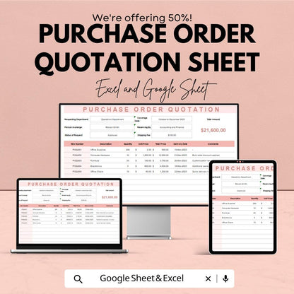 Purchase Order Quotation Sheet | Excel & Google Sheets | Editable PO Template | Procurement Tracker | Printable Business Form