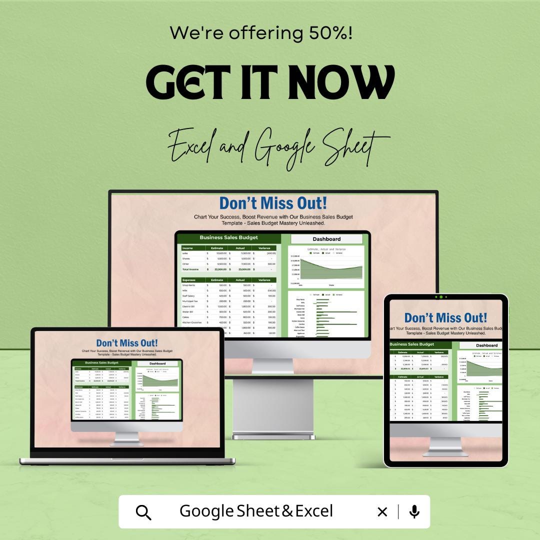Business Sales Budget Template | Sales Budget Spreadsheet | Revenue and Expense Tracker | Business Dashboard | Excel & Google Sheets