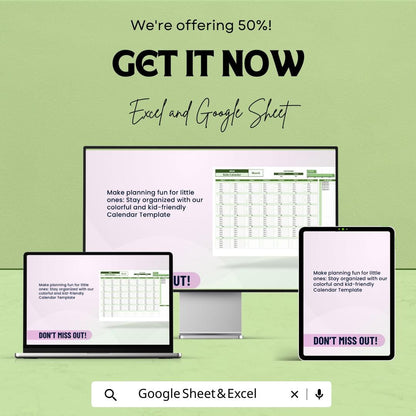 Kids Calendar Template | 2025 Calendar Sheet for Kids | Excel & Google Sheets | Customizable Kids Planner | Activity Tracker