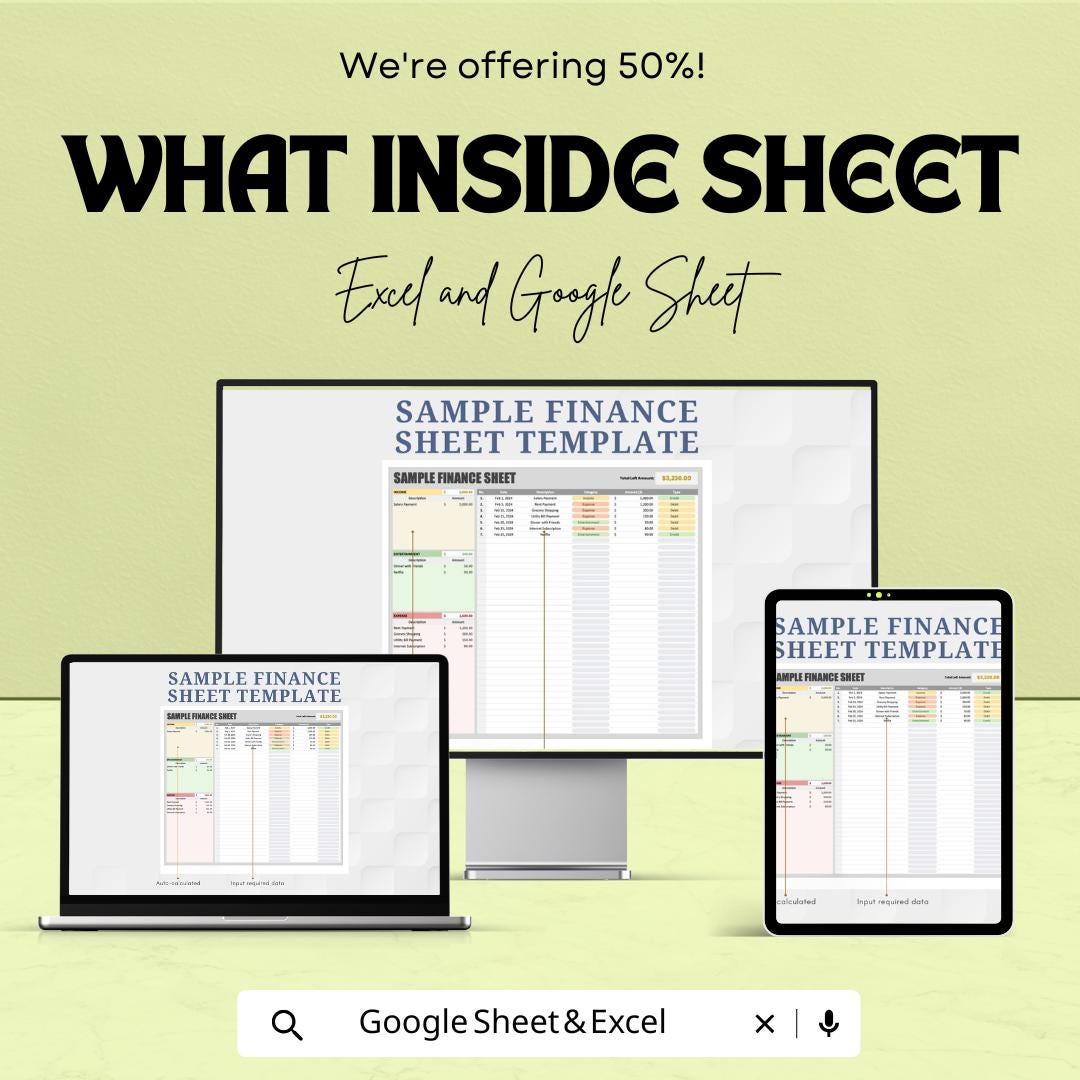 Sample Finance Sheet | Budget and Expense Tracker | Income and Spending Sheet for Personal & Business | Excel and Google Sheets |