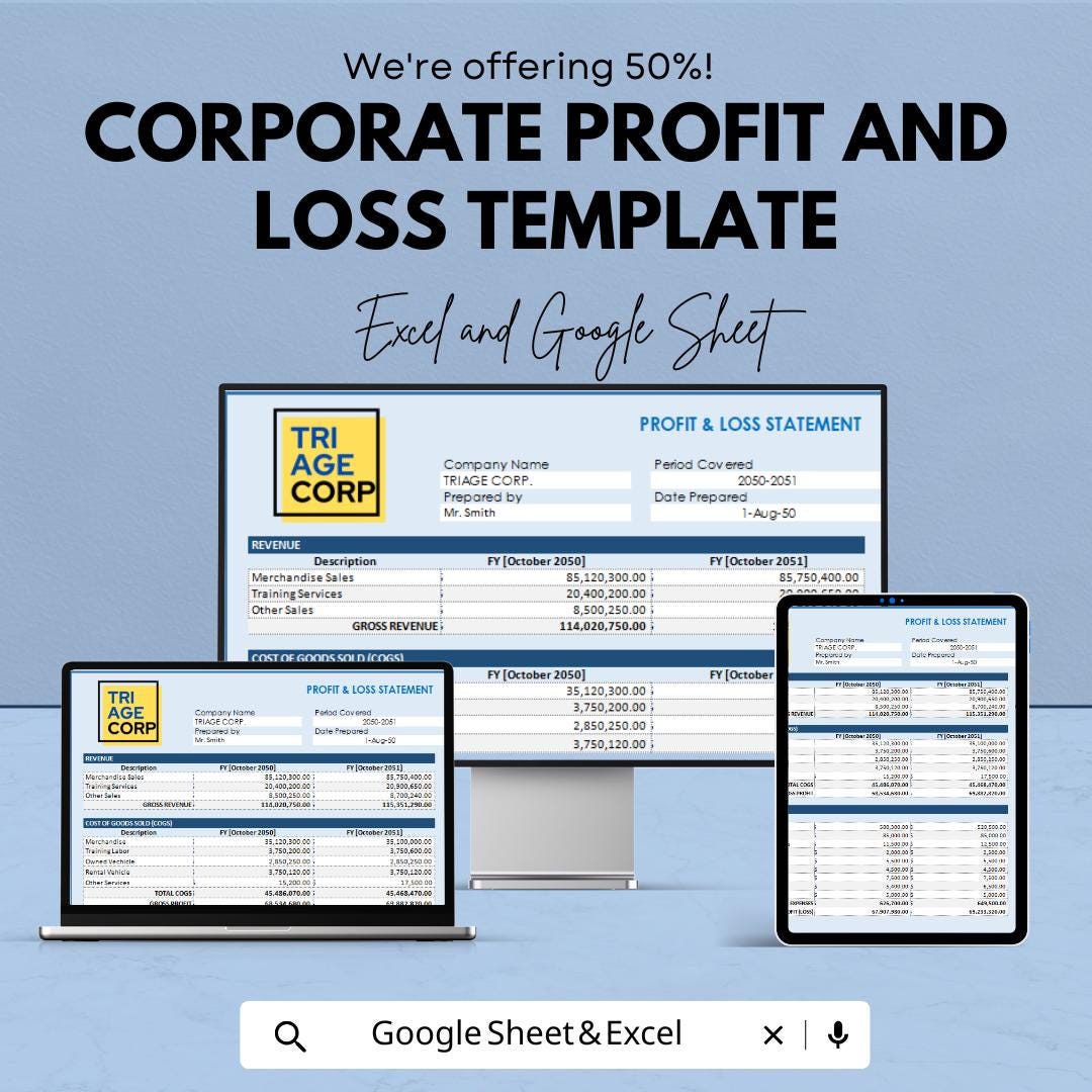 Corporate Profit and Loss Template | Business P&L Statement | Financial Report Spreadsheet |  Income and Expense Tracker