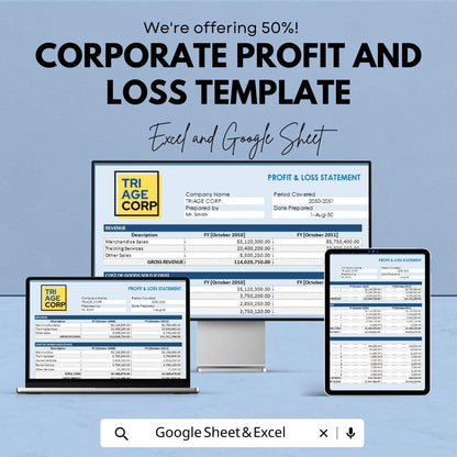 Corporate Profit and Loss Template | Business P&L Statement | Financial Report Spreadsheet |  Income and Expense Tracker