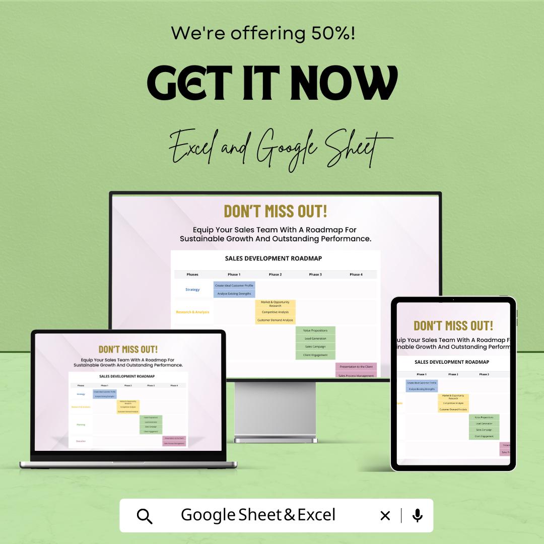 Sample Sales Development Roadmap Sheet | Sales Growth Plan | Customizable Sales Strategy Template | Excel & Google Sheets | Instant Download