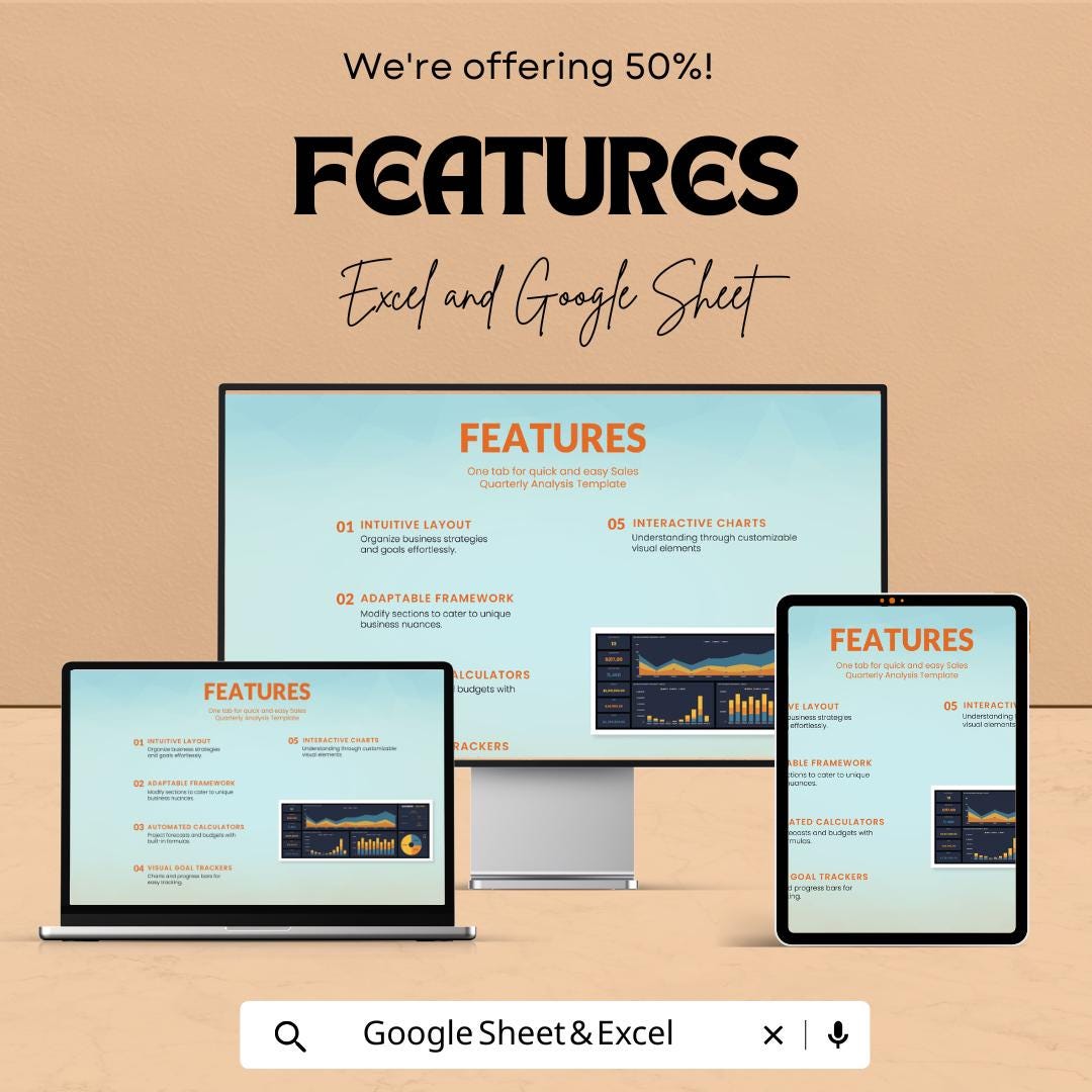 Sales Quarterly Analysis Template | Excel & Google Sheets | Quarterly Sales Dashboard | Business Performance Spreadsheet