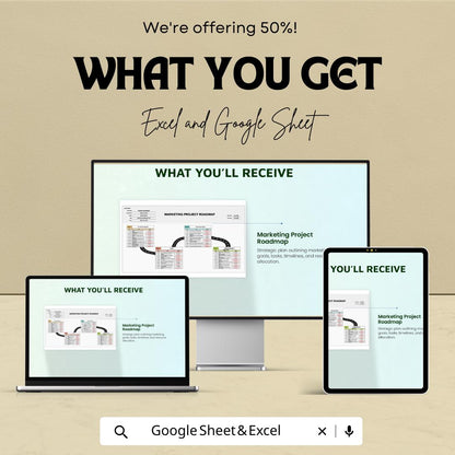 Marketing Project Roadmap Sheet | Excel & Google Sheets Template | Campaign Planning, Goal Setting, Milestone Tracking | 50% Off