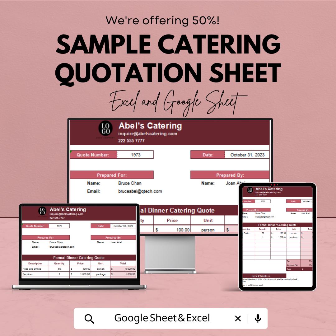 Sample Catering Quotation Sheet | Excel and Google Sheets Template | Customizable & Professional | Instant Download