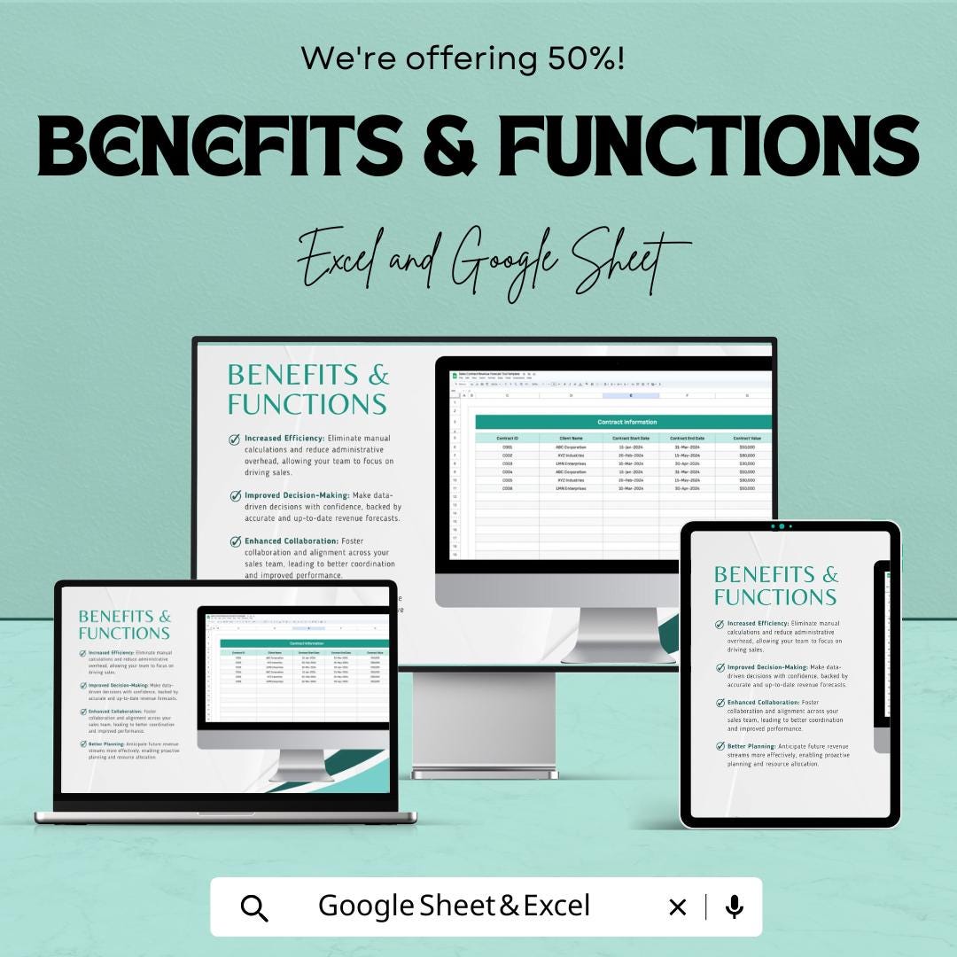 Sales Contract Revenue Forecast Tool Template | Revenue Forecast Google Sheets | Contract Tracking Spreadsheet | Sales Projection Template |