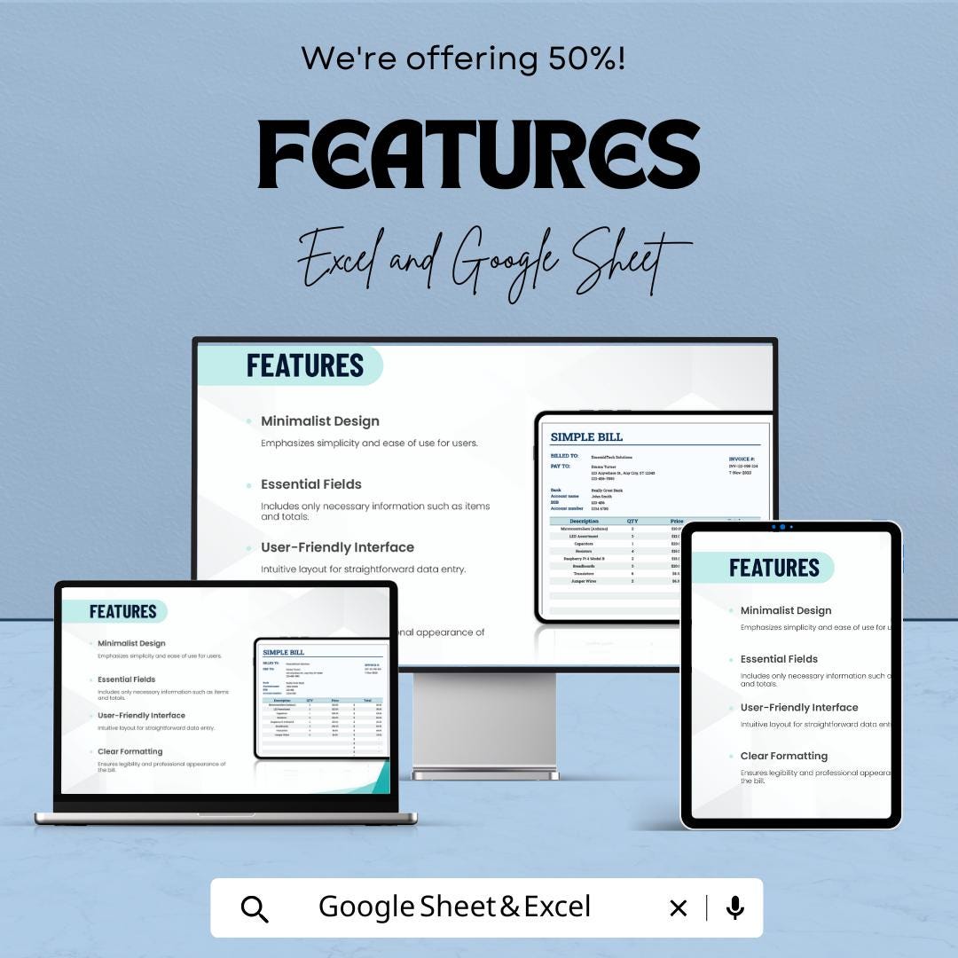 Simple Bill Sheet - Editable Invoice Template for Excel & Google Sheets, Professional Billing, Instant Download