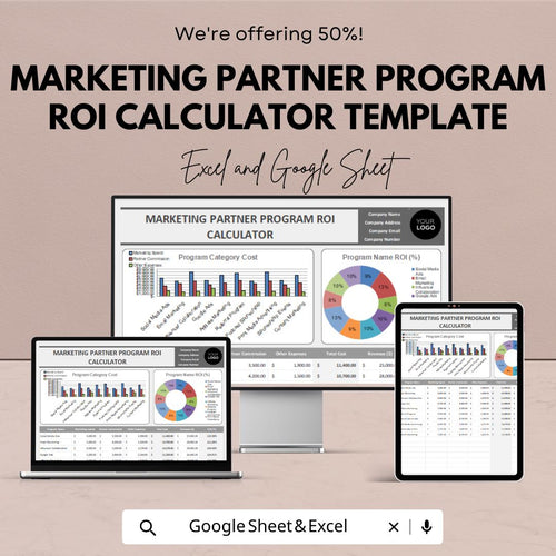 Marketing Partner Program ROI Calculator Template | ROI Analysis Spreadsheet | Marketing Cost Tracker |  Business KPI Tool