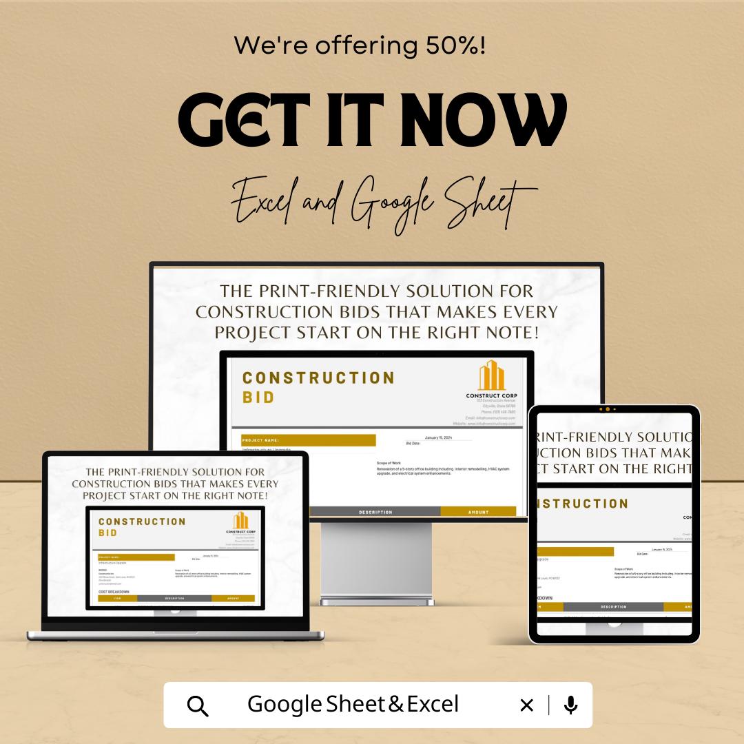 Construction Bid Template | Contractor Bid Form | Project Estimate Sheet | Construction Proposal Template | Excel Google Sheets Template