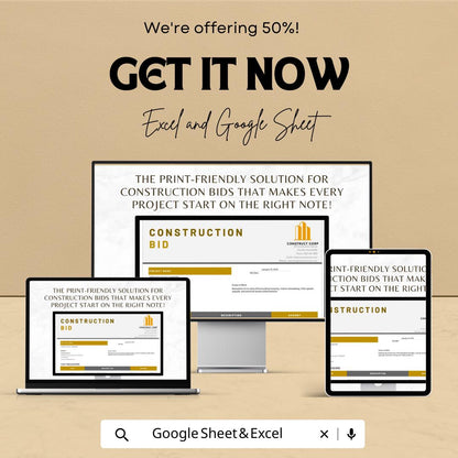 Construction Bid Template | Contractor Bid Form | Project Estimate Sheet | Construction Proposal Template | Excel Google Sheets Template