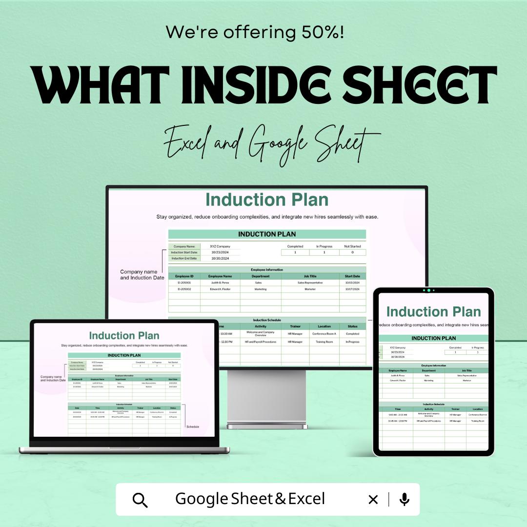 Employee Induction Plan Template - Excel and Google Sheets | Onboarding Schedule & Training Tracker
