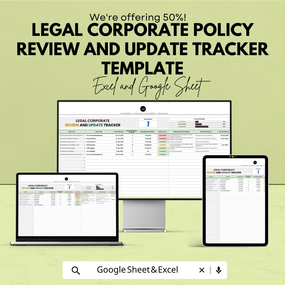 Legal Corporate Policy Review & Update Tracker Template | Compliance Management Spreadsheet | Excel and Google Sheets
