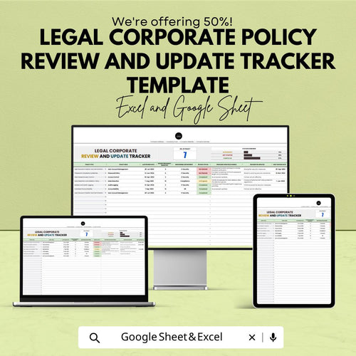 Legal Corporate Policy Review & Update Tracker Template | Compliance Management Spreadsheet | Excel and Google Sheets