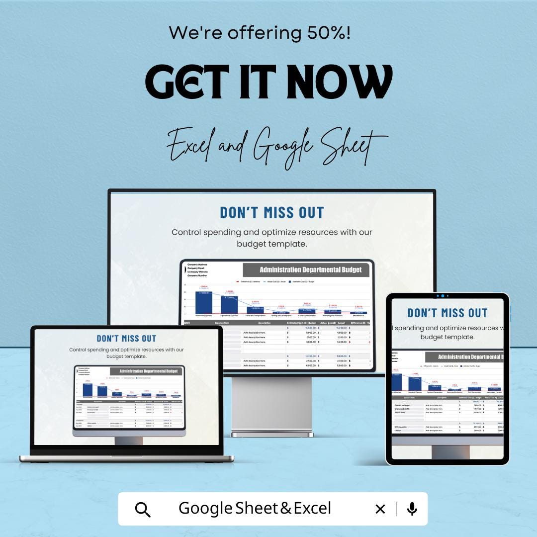 Administration Departmental Budget Sheet – Excel and Google Sheet Template for Budgeting, Financial Management & Expense Tracking