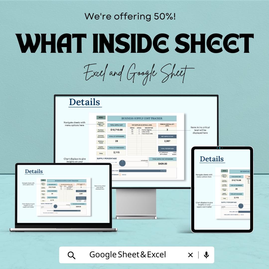Business Supply Cost Tracker Template  | Inventory Supply Tracker Spreadsheet | Office Supply Budget Tracker | Business Inventory Tracker