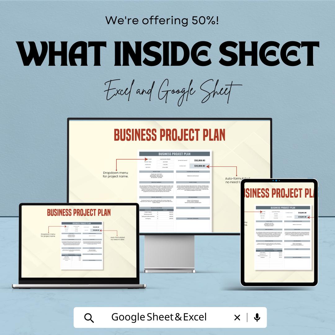 Business Project Plan Sheet | Excel & Google Sheets | Editable Project Tracker | Planning Template | Budget + Timeline + Team Details