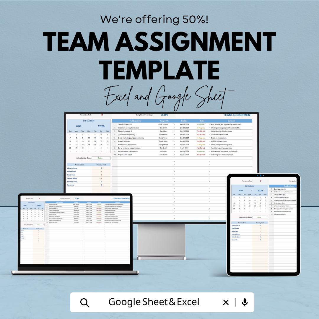 Team Assignment Template | Team Task Tracker | Project Assignment Planner | Team Workflow Organizer | Task Management Spreadsheet