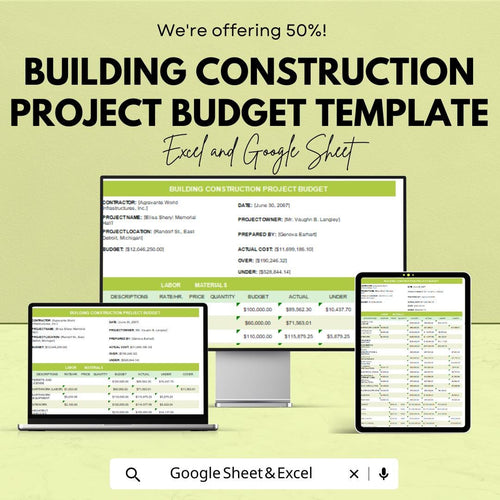 Building Construction Project Budget Template | Construction Cost Estimate Sheet | Project Expense Tracker | Contractor Budget Planner