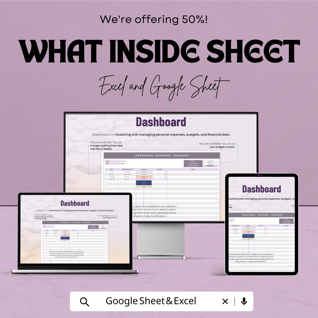 Personal Expense Tracker Sheet - Excel & Google Sheets Template for Budgeting and Financial Planning