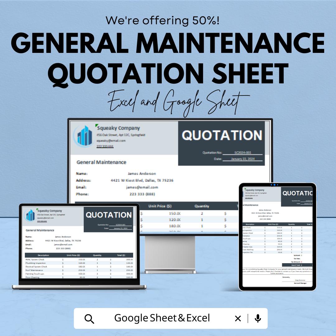 General Maintenance Quotation Sheet | Service Quote Template | Google Sheets & Excel | Editable Pricing Estimate Form