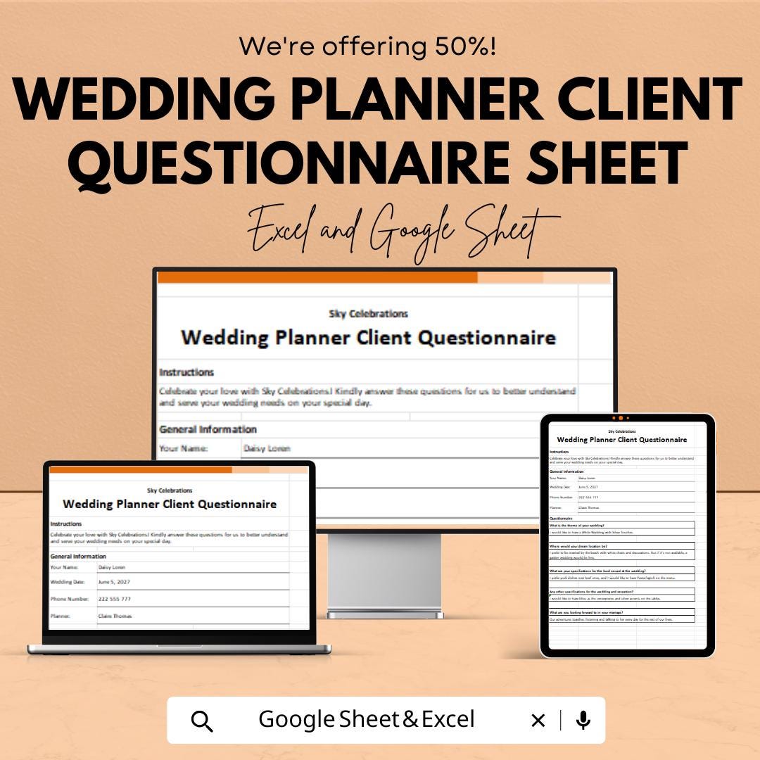 Wedding Planner Client Questionnaire Sheet | Editable Google Sheet & Excel Template | Event Planning Form | Wedding Client Intake Form