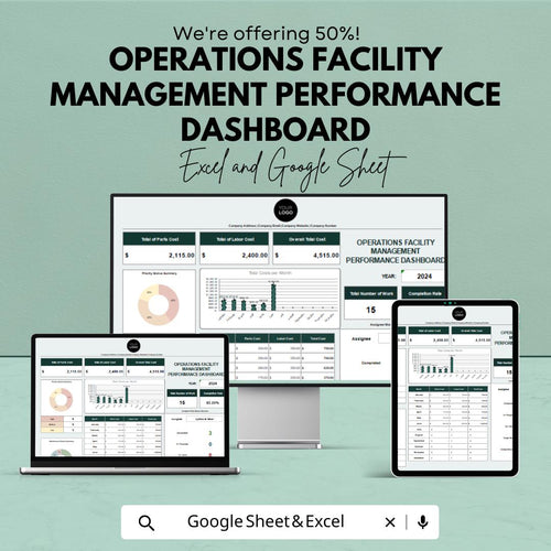Facility Management Dashboard | Excel and Google Sheets | Performance Tracker | Operations Metrics Template | Work Order & Cost Report