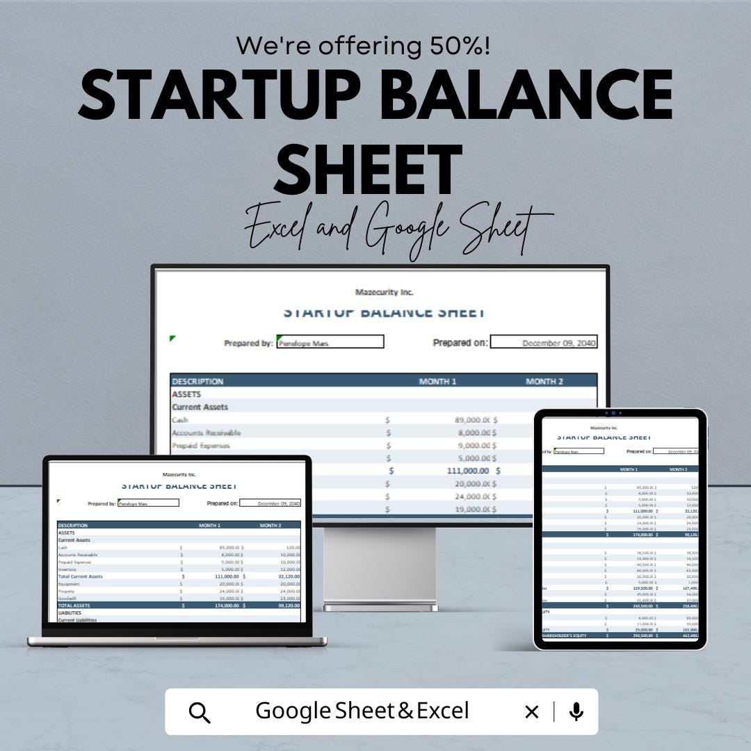 Startup Balance Sheet – Editable Google Sheet & Excel Template | Business Financial Statement | Asset Liability Equity Tracker