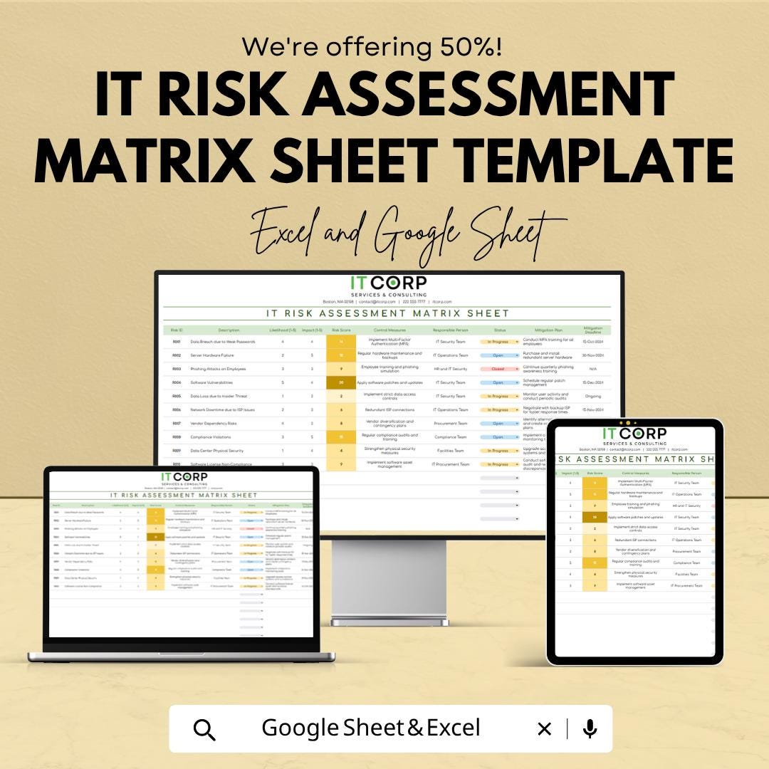 IT Risk Assessment Matrix Template Excel | Risk Management Sheet | IT Risk Log Tracker | Risk Analysis Tool | Google Sheets