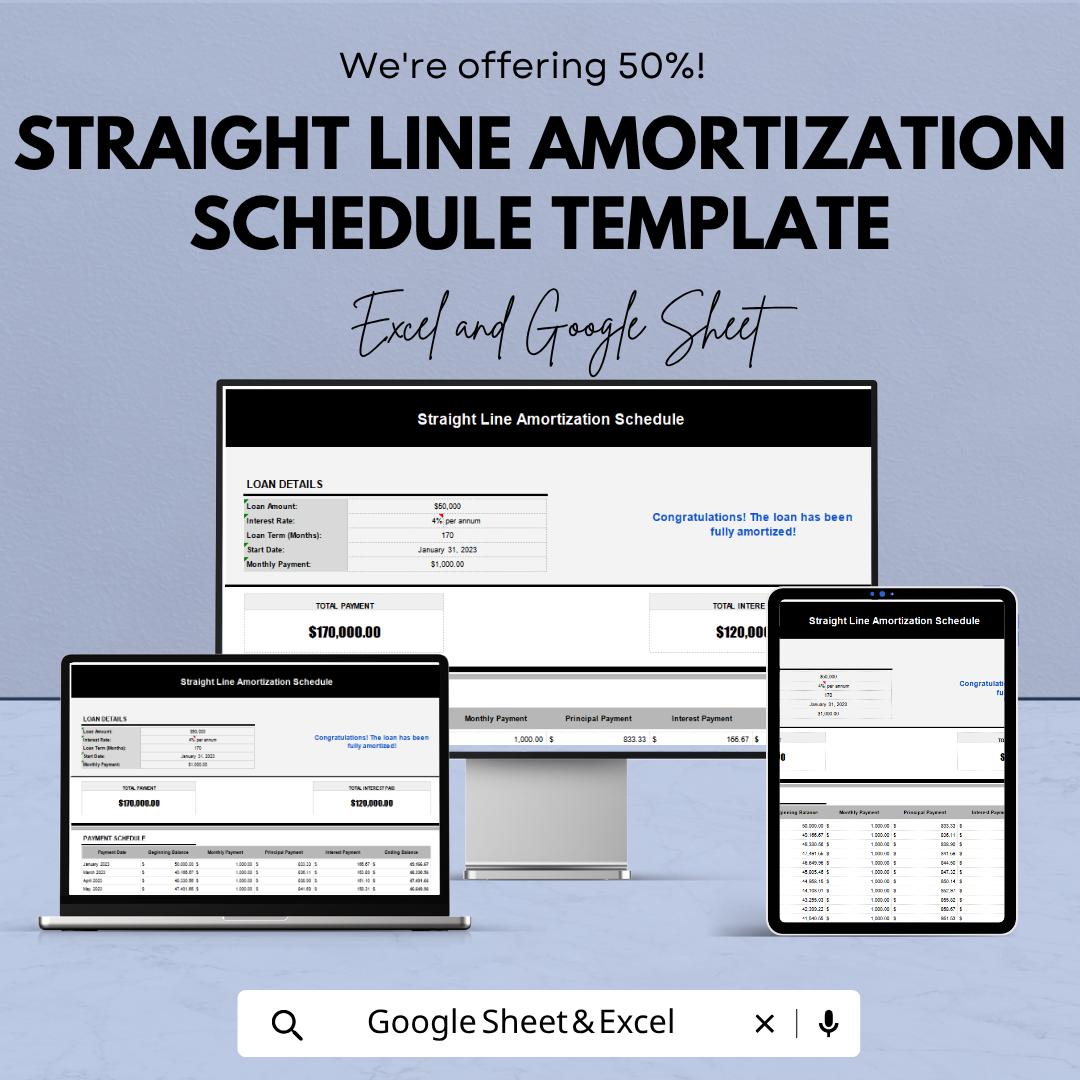 Straight Line Amortization Schedule Template | Depreciation Schedule Sheet | Finance Calculator Template | Payment Schedule Template