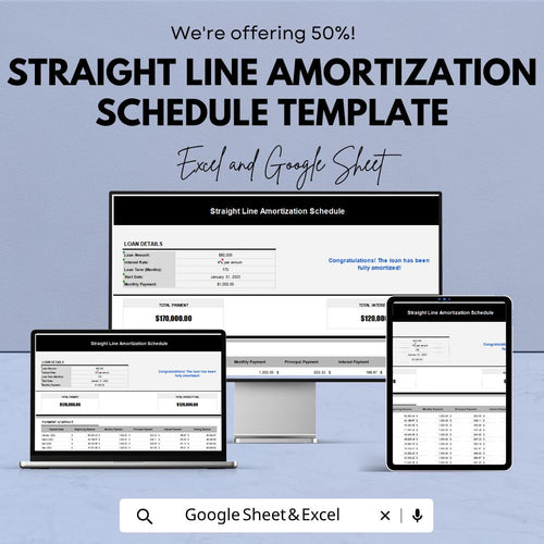 Straight Line Amortization Schedule Template | Depreciation Schedule Sheet | Finance Calculator Template | Payment Schedule Template