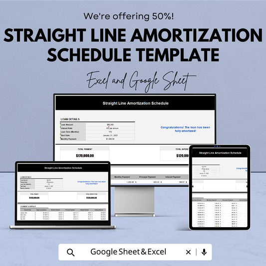 Straight Line Amortization Schedule Template | Depreciation Schedule Sheet | Finance Calculator Template | Payment Schedule Template