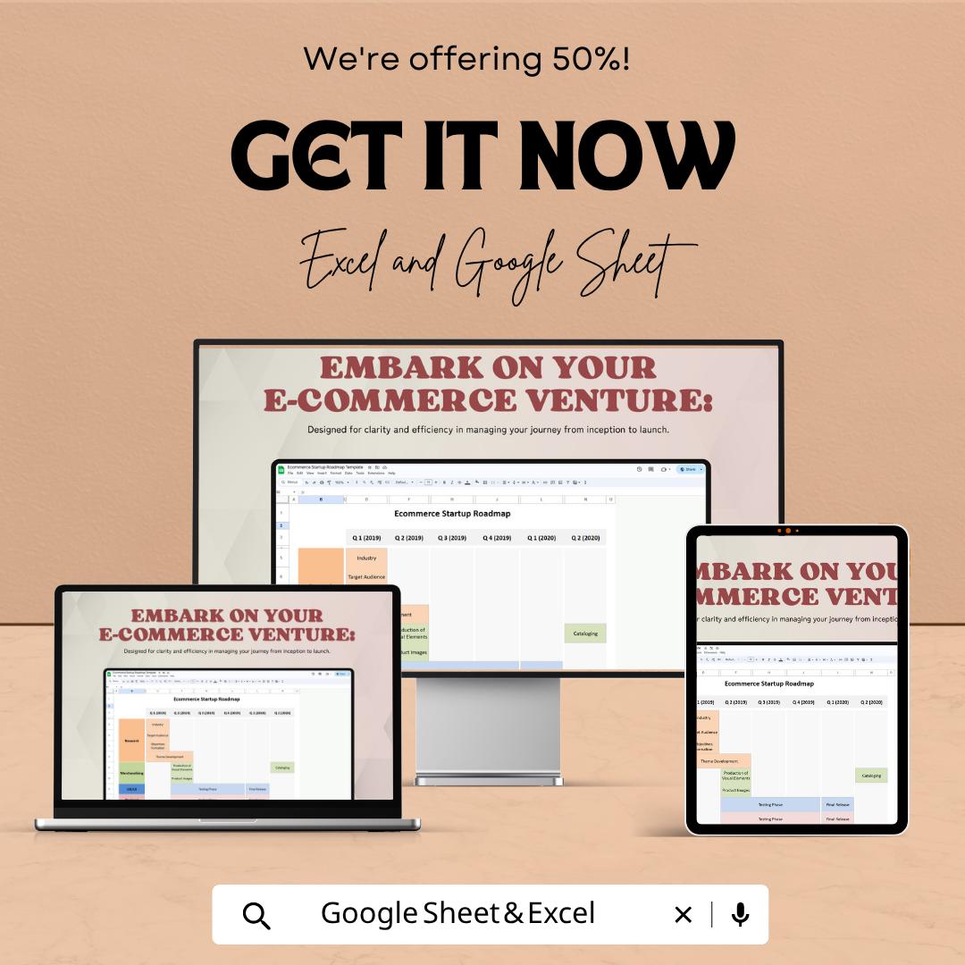 Ecommerce Startup Roadmap Template | Business Launch Planner Spreadsheet | Startup Growth Strategy Tool | Excel & Google Sheets |