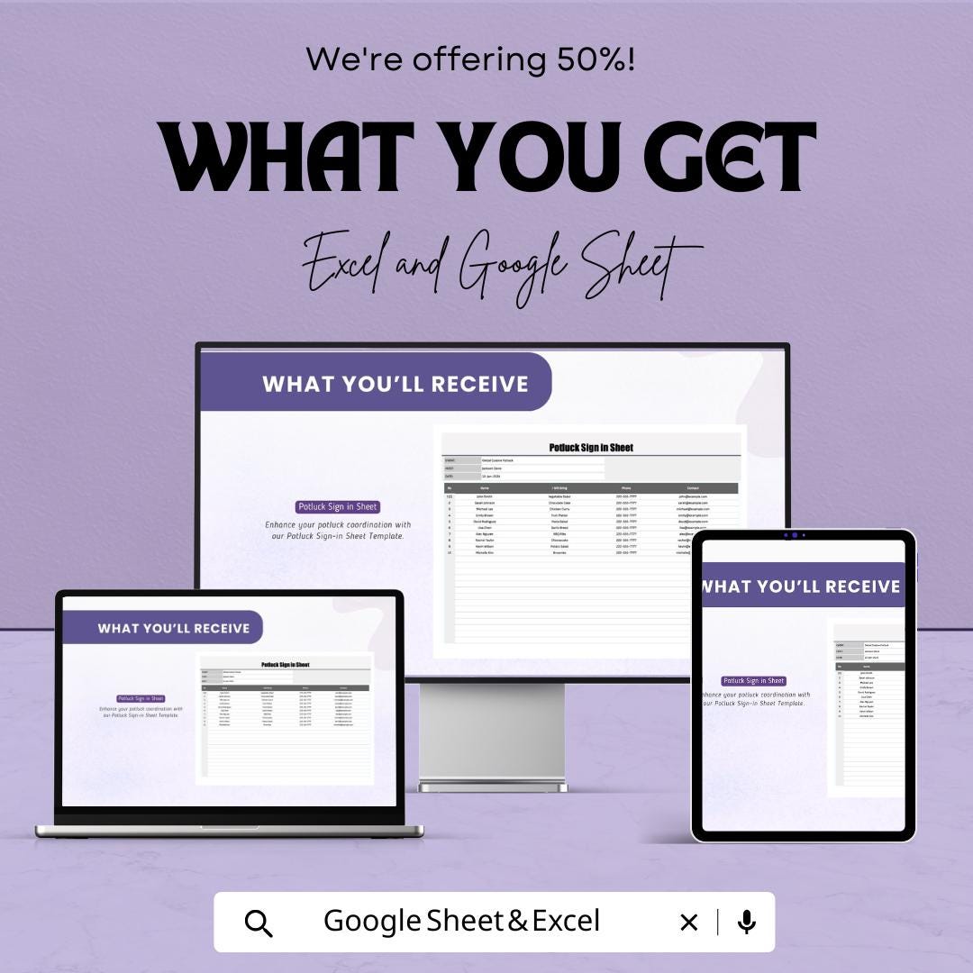 Potluck Sign In Sheet Template for Excel AND Google Sheets | Editable Food List Tracker | Event Signup & Meal Planner