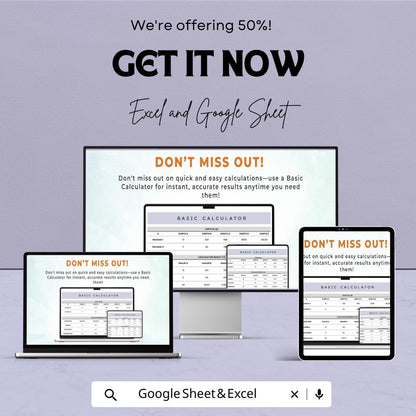 Basic Calculator Sheet for Excel and Google Sheets | Financial & Math Calculation Template | Instant Download