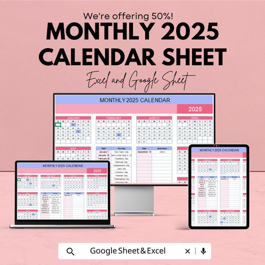 2025 Monthly Calendar Template for Excel & Google Sheets | Instant Download | Yearly Planner | Printable 2025 Calendar | 50% Off