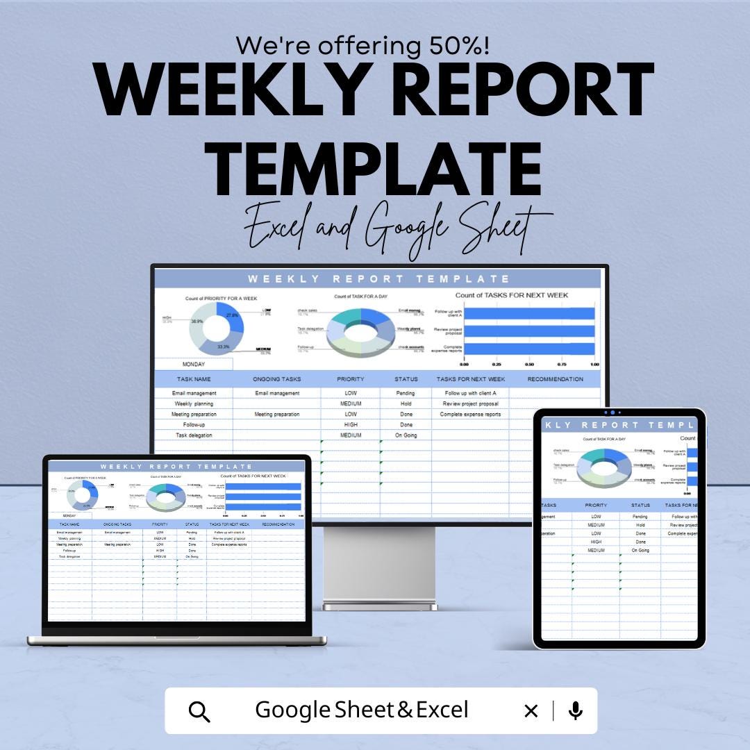 Weekly Report Template | Work Progress Report | Task Progress Tracker | Weekly Work Log | Employee Weekly Report Template