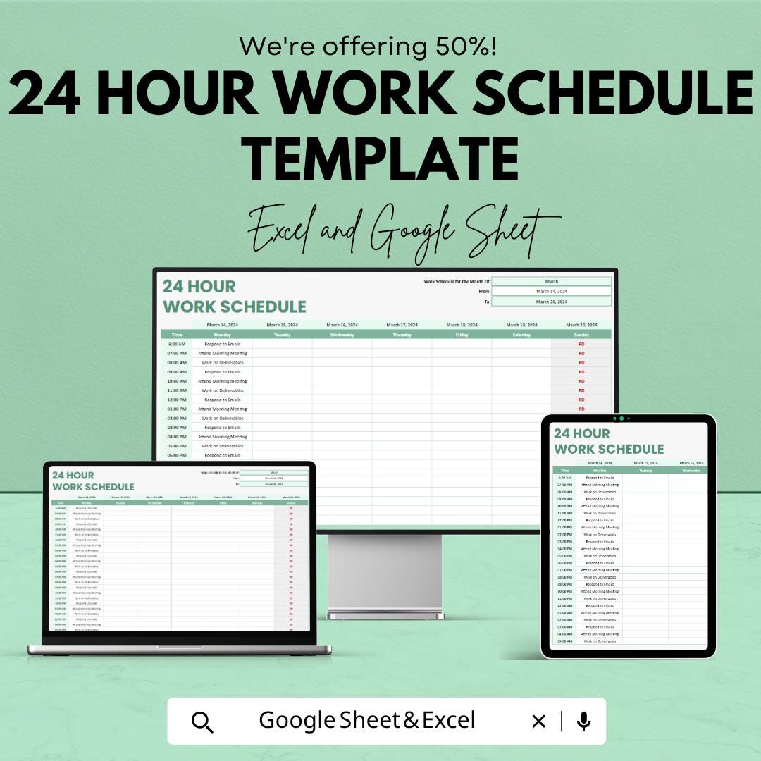 24 Hour Work Schedule Template | Employee Shift Schedule Spreadsheet | Staff Roster Planner Template | Weekly Work Schedule Sheet