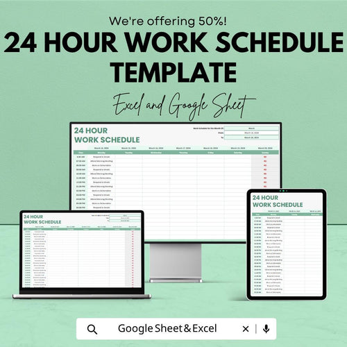 24 Hour Work Schedule Template | Employee Shift Schedule Spreadsheet | Staff Roster Planner Template | Weekly Work Schedule Sheet