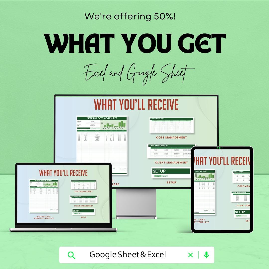 Material Cost Worksheet | Excel and Google Sheet Template | Track Material Costs, Budgeting, and Client Management | Instant Download